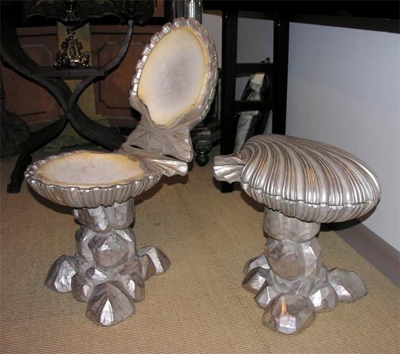 Pair of unusual 18th century Venetian silvered carved wood grotto chairs in the shape of scallops.