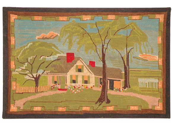Pennsylvania mounted on a frame, yarn hooked rug with a New England look from the 1930's and in mint condition.