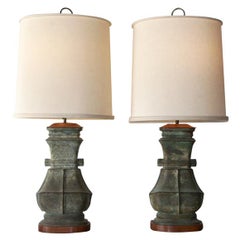 Pair Monumental Bronze Asian Lamps