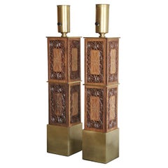 Pair Brushed Brass Lamps with Carved Indian Inserts