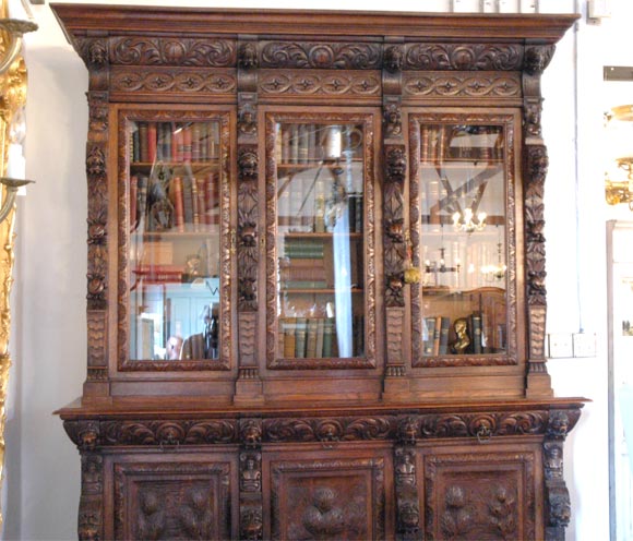 Renaissance Revival Large Carved Oak Six Door Bookcase For Sale