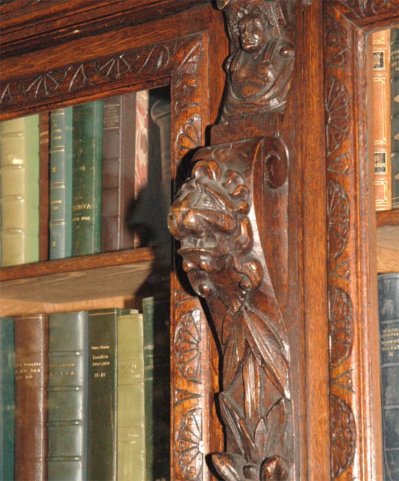 Brass Large Carved Oak Six Door Bookcase For Sale