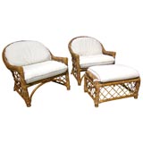 Pair of Wood & Rattan Chairs & Ottoman