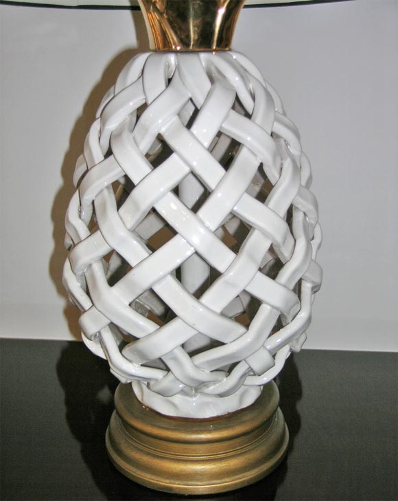 Pair of Ceramic Pineapple Lamps with gilt details on wooden bases<br />
marked 
