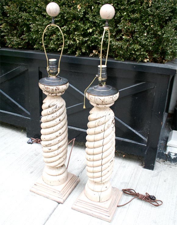 Pair Of Turned Wood Lamps With Painted Decoration