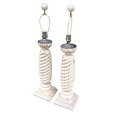 Pair Of Turned Wood Lamps With Painted Decoration