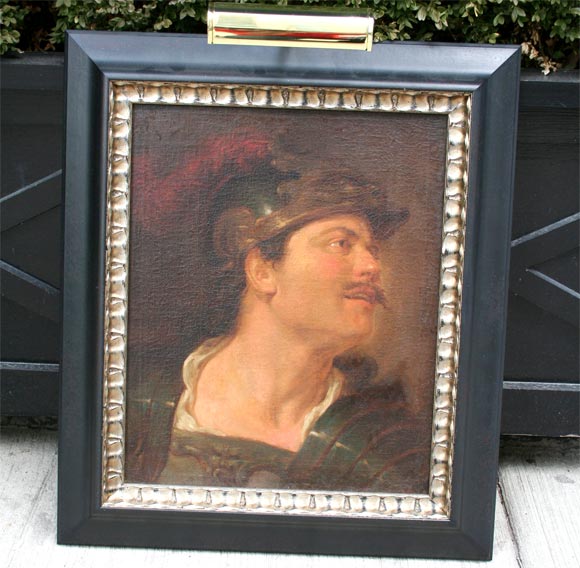 Very handsome Italian portrait of a soldier, in ebonized frame with silver detail. Measurements include frame.