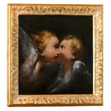 Antique FRAMED OIL ON CANVAS - TWO ANGELS KISSING