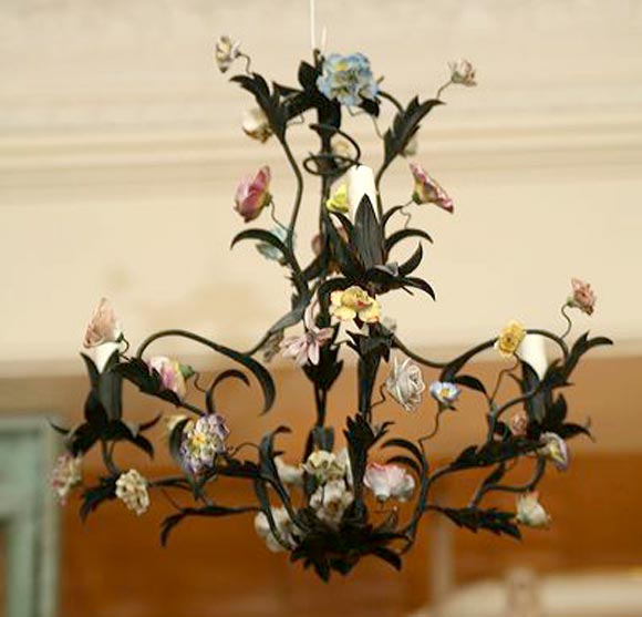 Tole Chandelier with Porcelain Flowers