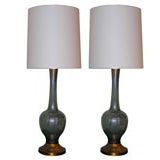 Pair of Large Table Lamps in Irridized Blue Glass