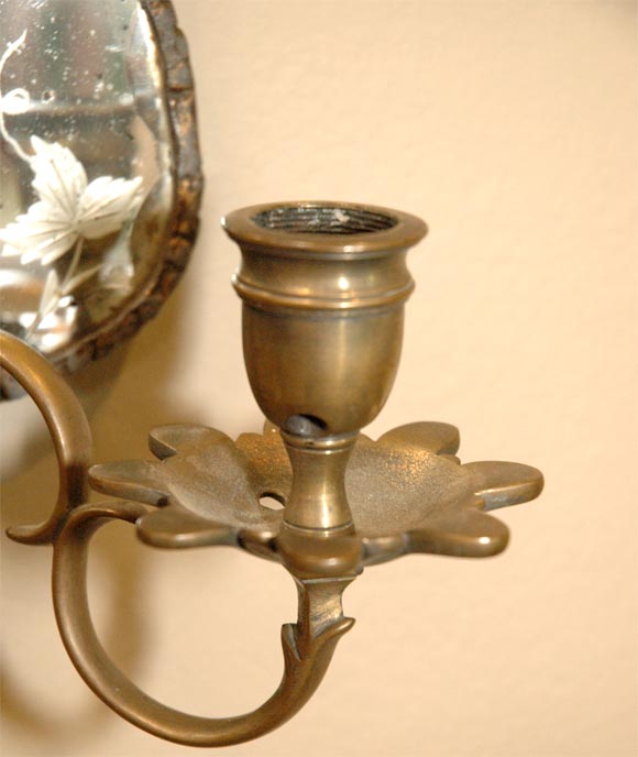 Dutch Pair of 19th Century Engraved, Mirror-back Sconces