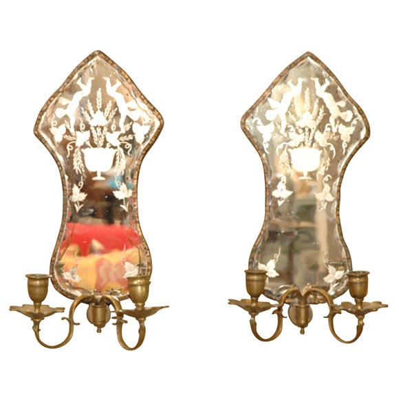 Pair of 19th Century Engraved, Mirror-back Sconces