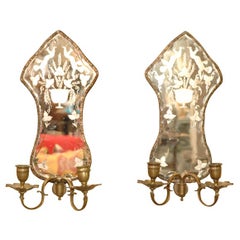 Antique Pair of 19th Century Engraved, Mirror-back Sconces