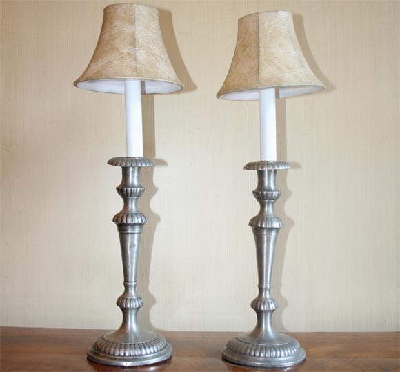 Pewter Candlesticks Converted Into Lamps