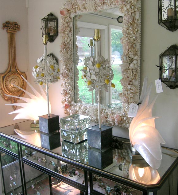 Pair of painted metal Lemon Tree Topiary lamps - height measurement to socket on a 5 inch square base