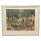 Oil painting of a Provence village square