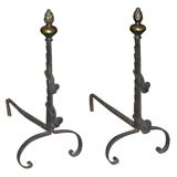 18th C Classical Wrought Iron and Bronze Andirons