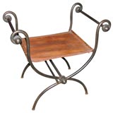 French 1930's Scroll Arm Stitched Hide Iron Folding Stool