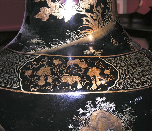 19th Century Pair of Chinoiserie Black and Gilt Oversize Vases