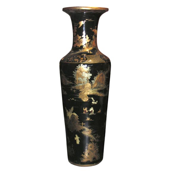 Pair of Chinoiserie Black and Gilt Oversize Vases