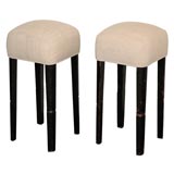 PAIR OF ORIGINAL BLACK PAINTED BAR STOOLS WITH LINEN SEATS