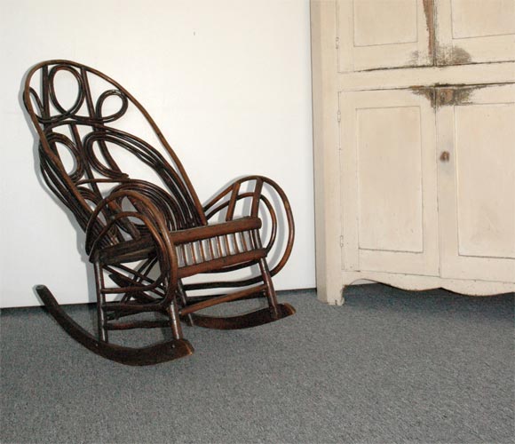 19THC BENTWOOD AND TWIG /HICKORY ROCKING CHAIR-GREAT FORM AND CONDITION-EARLY HAND MADE CUT NAIL CONSTRUCTION AND WONDERFUL FOLKY FORM-GREAT FOR IN DOOR OR OUT DOOR DECOR
