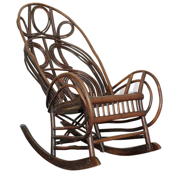 19THC RARE BENTWOOD &TWIG ROCKING CHAIR FROM NEW ENGLAND