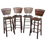 SET OF FOUR BAR STOOLS  WITH  WOOD SLATED SEAT AND BACK