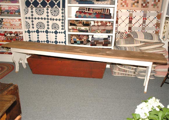 19THC ORIGINAL WHITE PAINTED HARVEST TABLE WITH PLANK TOP
