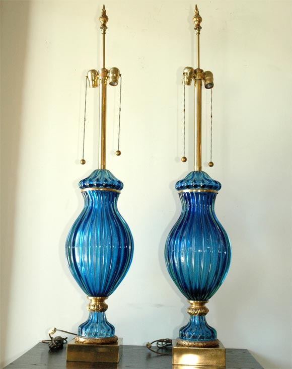 Pair of Large Blue Barovier Urn Lamps