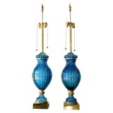 Pair of Large Blue Barovier Urn Lamps