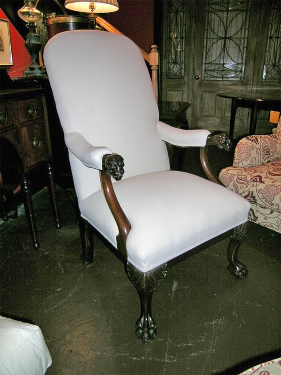 19th Century Carved Mahognay Upholstered Arm Chair