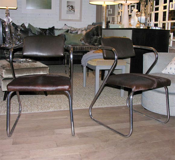 Pair of Chrome Z-Form Chairs in the style of Gilbert Rohde by Helene Curtis Industries upholstered in brown leather with brown calf hair seats