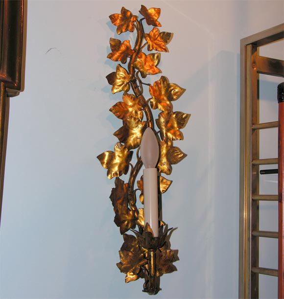 Pair of Gilded Metal Electric Sconces, 'Leaf on Vine'