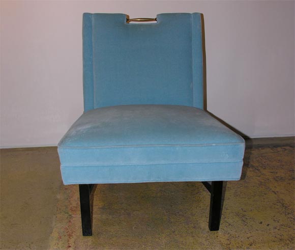 Small French Boudoir Chair with Brass Back Handle, Newly Upholstered in a Blue Cotton Velvet