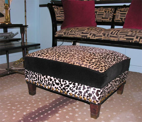 French Velvet and Leopard Pony Hair Ottoman In Excellent Condition In New York, NY