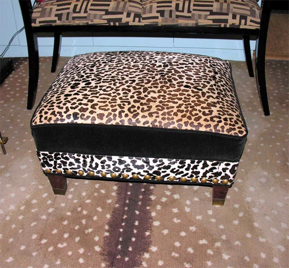 Mid-20th Century French Velvet and Leopard Pony Hair Ottoman