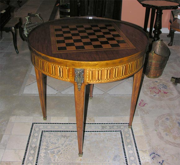 Rare Louis XVI Round Marquetry Tric Trac Game Table w Fitted Interior and Bronze Mounts