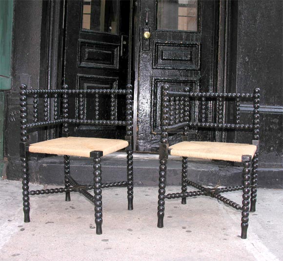 Pair of English Bobbin Corner Chairs with Rush Seats