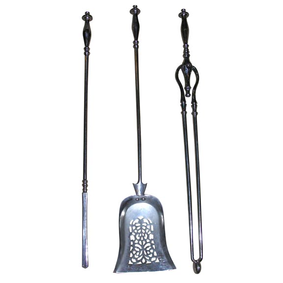 English 19th Century Polished Steel Fire Tools For Sale