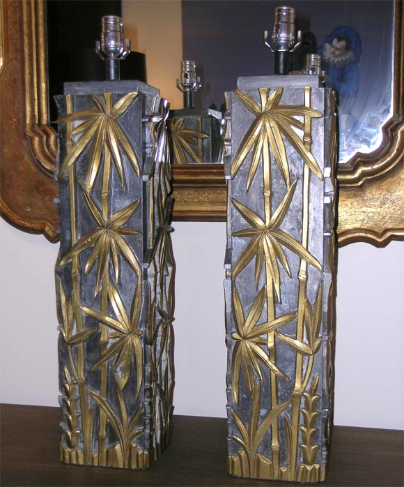 SPECTACULAR PAIR OF CARVED BAMBOO LAMPS BY JAMES MONT
