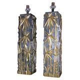 SPECTACULAR PAIR OF CARVED BAMBOO LAMPS BY JAMES MONT