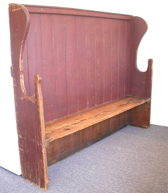 RARE AND EARLY AMERICAN HIGH-BACK SETTLE WITH FOLKY SHAPED ARMS ALL ORIGINAL PAINT,FANTASTIC CONSTRUCTION AND FORM/ROSE HEAD NAILS AND TOUNGE AND GROVE BACK-VERY HARD TO FIND WITH PAINTED BACK AND GREAT PATINA AND WEAR,EX.COLLECTION MARGUERITE