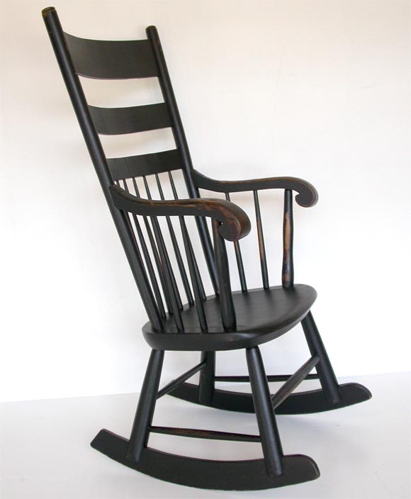 19THC ORIGINAL BLACK PAINTED ROCKING CHAIR