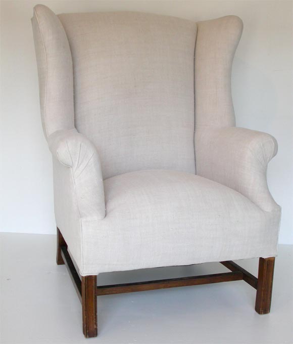 19THC  WING CHAIR  IN 19THC HOMSPUN LINEN