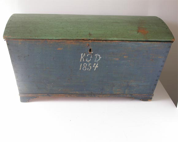19THC ORIGINAL PAINTED BLUE & GREEN DOME-TOP TRUNK