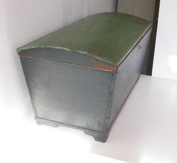American 19THC ORIGINAL PAINTED BLUE & GREEN DOME-TOP TRUNK