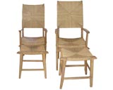 Pair French Limed Oak and Rush Chairs with Footstools