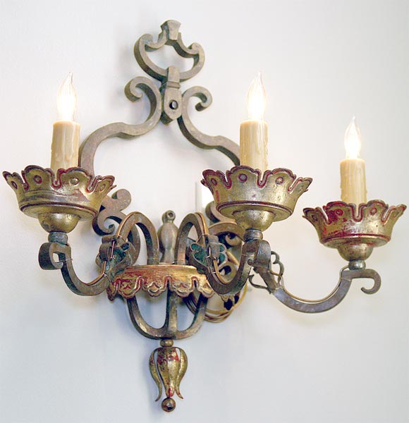 PAIR of 19th c. 3 light bronze Sconces with original gilt leaf detail