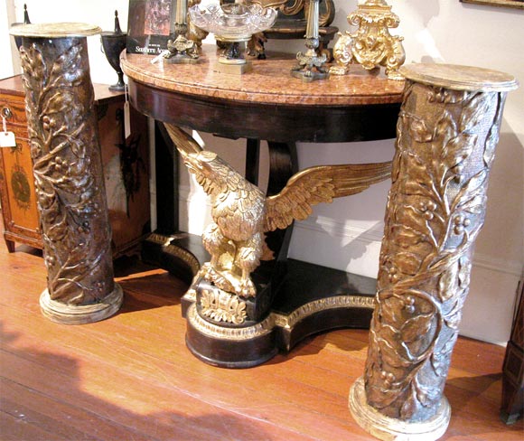 Pair of 17th c Gilt columns with  faux Marble tops and bases that are later than the columns. Each Column is slightly different size due to hand carving.
